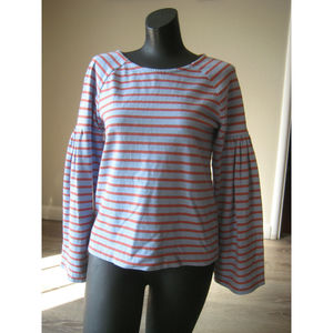 Madewell Size XXS Shirred Sleeve Sailor Top Blue Orange Striped Long Sleeve